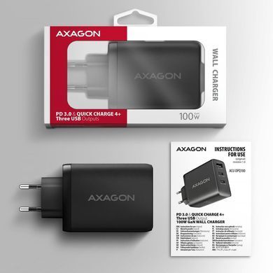 Мережевий зарядний пристрій AXAGON, 3x port (USB + dual USB-C), PD3.0/QC4+/PPS/Apple, 100W, Чорний (ACU-DPQ100) [502988]