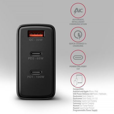 Мережевий зарядний пристрій AXAGON, 3x port (USB + dual USB-C), PD3.0/QC4+/PPS/Apple, 100W, Чорний (ACU-DPQ100) [502988]