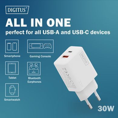 Зарядний пристрій DIGITUS GaN 1хUSB-C, 1хUSB-A, 30W (DA-10301) [113496]
