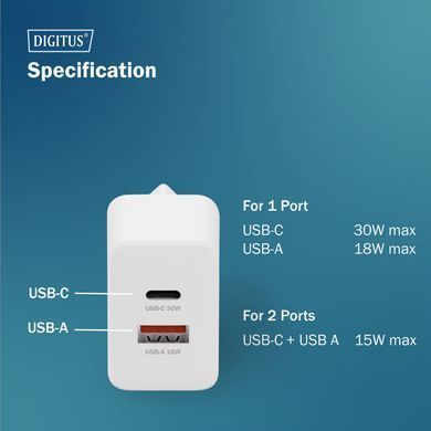 Зарядний пристрій DIGITUS GaN 1хUSB-C, 1хUSB-A, 30W (DA-10301) [113496]