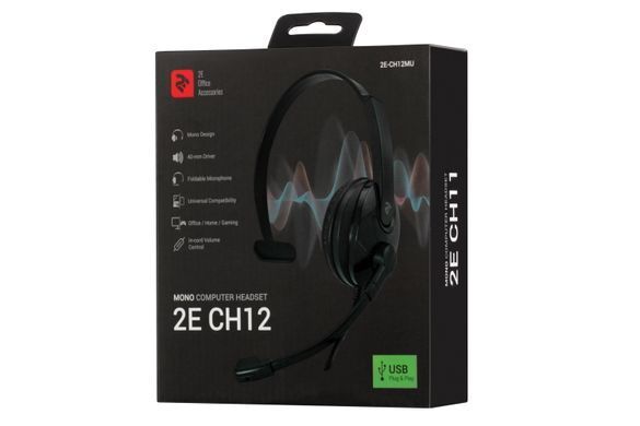 Гарнітура ПК моно On-ear 2E CH12 USB, omni-mic, 2м, чорний (2E-CH12MU) [107164]