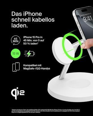 Зарядний пристрій бездротовий Belkin 3в1 Magnetic Pad Qi2 15Вт, білий (WIZ032KQWH) [109040]