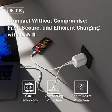 Зарядний пристрій DIGITUS GaN 2хUSB-C, 1хUSB-A, 100W (DA-10304) [113497]