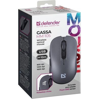 Мишка Defender Gassa MM-105, бездротова, 6 кн., 1600 dpi, безшумна сіра (52104) [404427]
