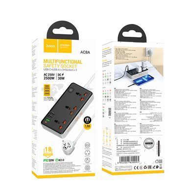 Мережевий подовжувач HOCO AC8A Storm 3-position socket(PD30W/1C3A) Black (6942007600095) [803605]