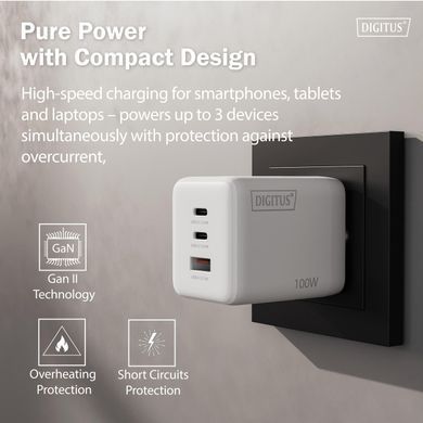 Зарядний пристрій DIGITUS GaN 2хUSB-C, 1хUSB-A, 100W (DA-10304) [113497]