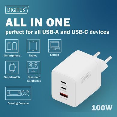 Зарядний пристрій DIGITUS GaN 2хUSB-C, 1хUSB-A, 100W (DA-10304) [113497]