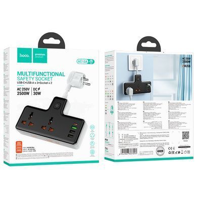 Мережевий подовжувач HOCO AC12A Reise 2-position expansion socket(PD30W/1C3A) Black (6942007607094) [805381]