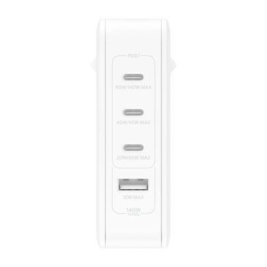 Зарядний пристрій мережевий Belkin 140Вт 3хUSB-С GAN PD PPS, USB-A, білий (WCH014BTWH) [108371]