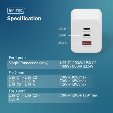 Зарядний пристрій DIGITUS GaN 2хUSB-C, 1хUSB-A, 100W (DA-10304) [113497]