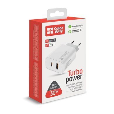 Мережевий зарядний пристрій ColorWay Power Delivery Port PPS (Type-C PD + USB QC3.0) (30W) White (CW-CHS037PD-WT) [611625]