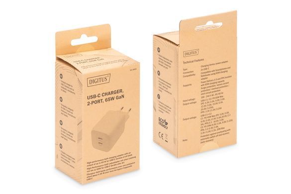 Зарядний пристрій DIGITUS 2хUSB-C, 65W, GaN (DA-10063) [108426]