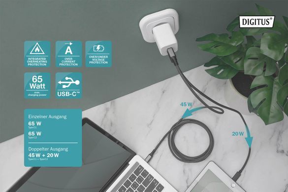 Зарядний пристрій DIGITUS 2хUSB-C, 65W, GaN (DA-10063) [108426]