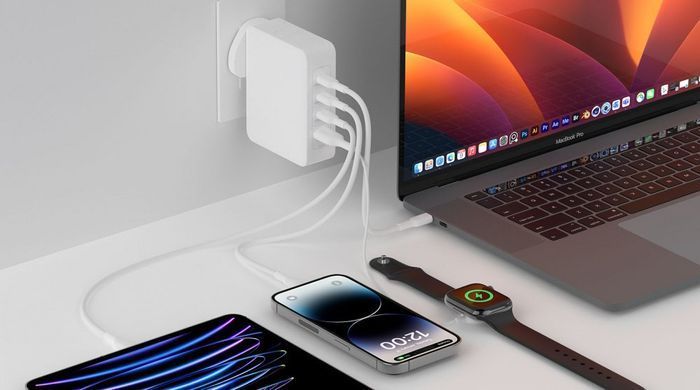 Зарядний пристрій мережевий Belkin 140Вт 3хUSB-С GAN PD PPS, USB-A, білий (WCH014BTWH) [108371]