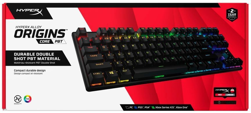 Клавіатура механічна HyperX Alloy Origins Core PBT 87key, Red, USB-A, EN/UA, RGB, чорний (639N7AA) [103558]