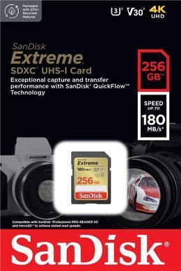 Карта пам'яті SanDisk SD 256GB C10 UHS-I U3 R180/W130MB/s Extreme V30 (SDSDXVV-256G-GNCIN) [108923]
