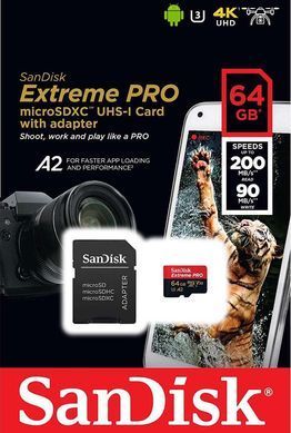 Карта пам'яті microSDXC (UHS-1 U3) SanDisk Extreme Pro A2 64Gb class 10 V30 (R200MB/s,W90MB/s) (adapter) (SDSQXCU-064G-GN6MA) [805479]