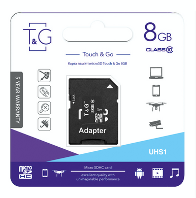 Карта пам`ятi MicroSDHC 8GB UHS-I Class 10 T&G + SD-adapter (TG-8GBSD10U1-01) [606954]