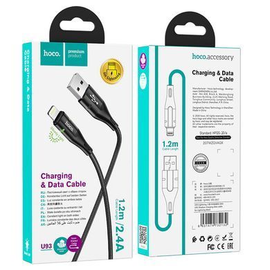 Кабель HOCO U93 USB to iP 2.4A, 1.2m, nylon, aluminum connectors, light indicator, Black (6931474732132) [805226]