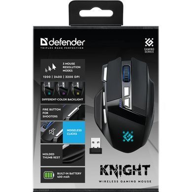 Мишка Defender Knight GM-885, бездротова, ігрова, 8кн., 3200 dpi., 400 mAh, чорна (52885) [404428]