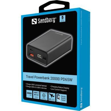 УМБ Sandberg 20000mAh 65W PD,QC3.0, USB-A, USB-C In/Out кабель 100W 0.5m (420-95) [402210]