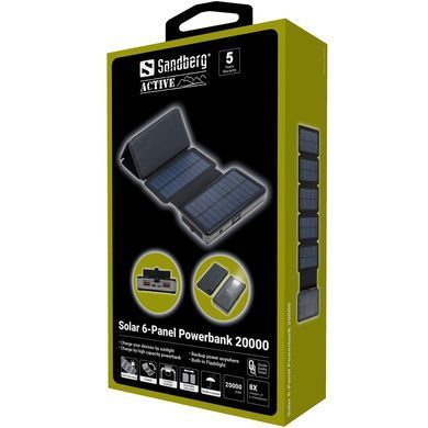 УМБ Sandberg 20000mAh,сонячна 6-Panel 7.5W PD 2xUSB, Type-C OUT, ліхтарик (420-73) [403158]