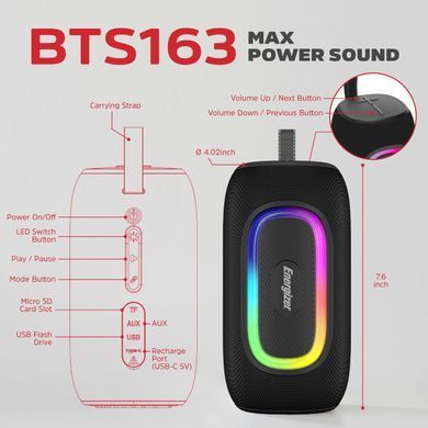 Акустична система 1.0 Energizer 16Вт Bluetooth 5.2/MicroSD/USB/AUX/FM,IPX65, чорна (BTS163) [404797]