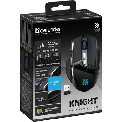 Мишка Defender Knight GM-885, бездротова, ігрова, 8кн., 3200 dpi., 400 mAh, чорна (52885) [404428]