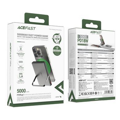 Зовнішній акумулятор ACEFAST M16-5000 PD18W ultra-thin magnetic wireless charging power bank with stand Black (6974316283997) [806545]