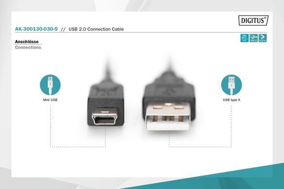 Кабель DIGITUS USB-A > USB-mini B синхронізації, 3.0 m, чорний (AK-300130-030-S) [113485]