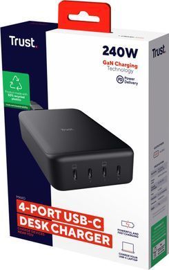 Зарядний пристрій мережевий Trust Maxo 240Вт,GaN, 4xUSB-C,PD, чорний (25413_TRUST) [108428]