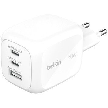 Мережевий зарядний пристрій Belkin BoostCharge Pro 3-Port GaN Wall Charger 70W White (WCH018HQWH) [621184]