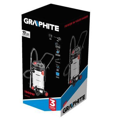 Пилосос професійний GRAPHITE, 1500Вт, 18кПа, контейнер 40л, розетка 220В/2000В, функція повітродувки, колеса, IPX4 (59G608) [15516]