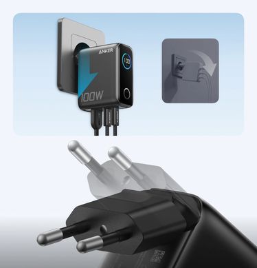 Мережевий зарядний пристрій Anker GaN Charger 100W, 2xUSB-C, 1xUSB-A, Display Dark Gray + кабель USB Type-C (B121BGZ1) [618380]