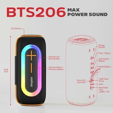 Акустична система 1.0 Energizer 20Вт Bluetooth 5.2/MicroSD/USB/AUX/FM,IPX65, 360&deg; Sound чорна (BTS206) [404798]
