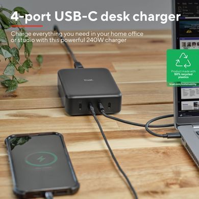 Зарядний пристрій мережевий Trust Maxo 240Вт,GaN, 4xUSB-C,PD, чорний (25413_TRUST) [108428]