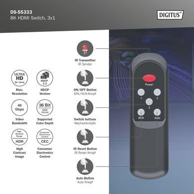 Відеокомутатор DIGITUS UHD HDMI (INx3 - OUTx1), 8K (DS-55333) [114814]
