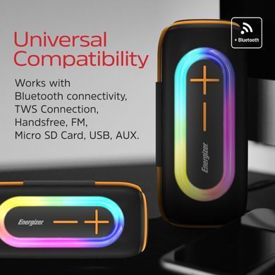 Акустична система 1.0 Energizer 20Вт Bluetooth 5.2/MicroSD/USB/AUX/FM,IPX65, 360&deg; Sound чорна (BTS206) [404798]