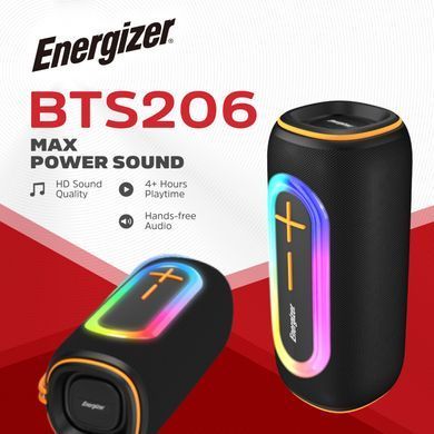 Акустична система 1.0 Energizer 20Вт Bluetooth 5.2/MicroSD/USB/AUX/FM,IPX65, 360&deg; Sound чорна (BTS206) [404798]