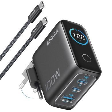 Мережевий зарядний пристрій Anker GaN Charger 100W, 2xUSB-C, 1xUSB-A, Display Dark Gray + кабель USB Type-C (B121BGZ1) [618380]