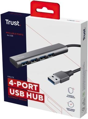 Хаб Trust Halyx USB-A > 4xUSB-А 3.2, Алюміній, 0.1м, Сірий (24947_TRUST) [108808]