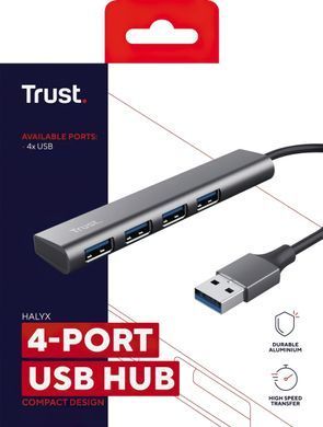 Хаб Trust Halyx USB-A > 4xUSB-А 3.2, Алюміній, 0.1м, Сірий (24947_TRUST) [108808]