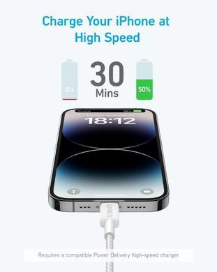 Кабель Anker 322 USB-C to Lightning - 1.8m Nylon White (A81B6H21/A81B6G21) [201972]