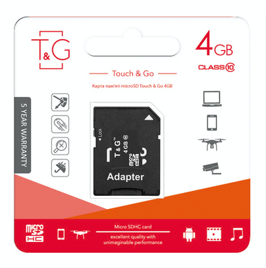 Карта пам`яті MicroSDHC 4GB Class 10 T&G + SD-adapter (TG-4GBSDCL10-01) [606974]