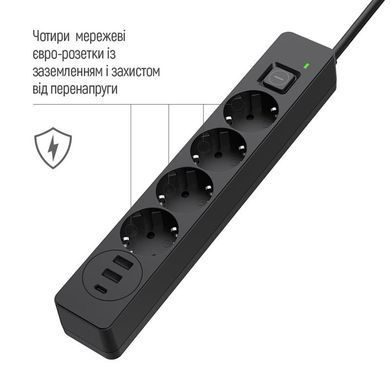 Фільтр живлення ColorWay 4 розетки, 3USB (2USB-A + 1 TYPE-C) (24W), 2м, Black (CW-CHE435PDB) [605278]