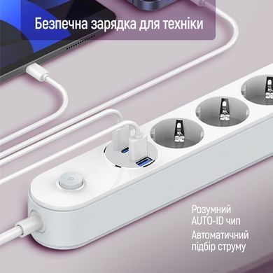 Фільтр живлення ColorWay 4 розетки, 4USB (Type-C PD20W + 3USB QC3.0) (45W), 2 м, White (CW-CHE44PDW) [619936]