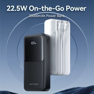 УМБ Vention 20000mAh 22.5W 3A,PD,QC 3.0,Micro-USB,USB-C,2xUSB-A,Built-in USB-C+Lightning Cables Whit (FHPW0) [402227]