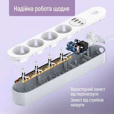Фільтр живлення ColorWay 4 розетки, 4USB (Type-C PD20W + 3USB QC3.0) (45W), 2 м, White (CW-CHE44PDW) [619936]