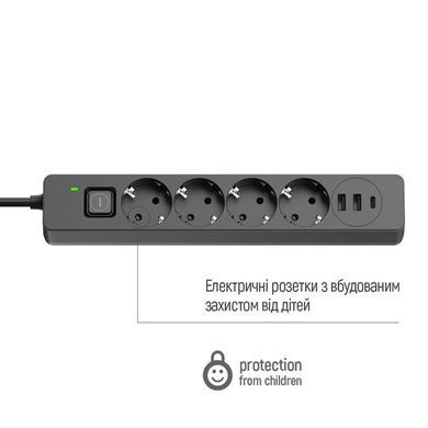 Фільтр живлення ColorWay 4 розетки, 3USB (2USB-A + 1 TYPE-C) (24W), 2м, Black (CW-CHE435PDB) [605278]