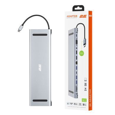Хаб 2E USB-С > USB-A 2.0/2xUSB-A 3.0/2xUSB-C PD/2xHDMI/VGA/jack3.5/microSD/SD/Ethernet, 0.15м, сірий (2E-W2703) [114390]